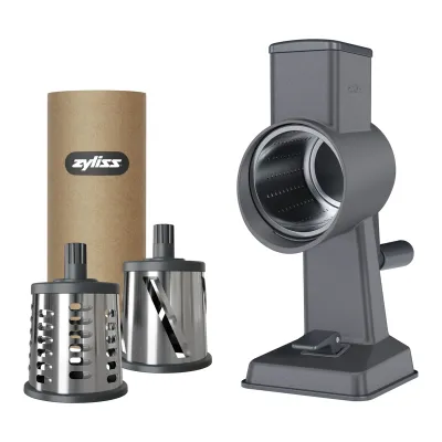 Zyliss Trommelreibe Gourmet E900057 | Käsereibe mit Kurbel | 3 Edelstahltrommeln | Aluminiumguss | Tischklemme | Grau